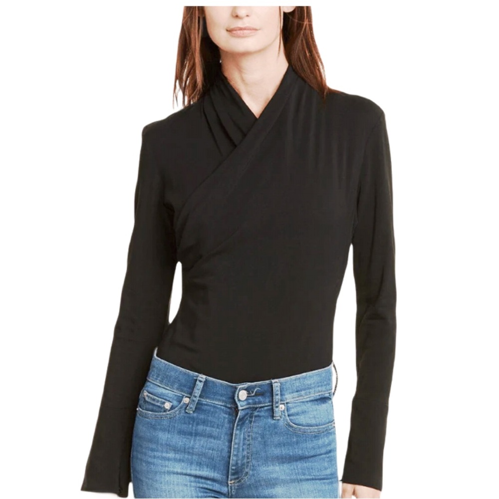 Ronny Kobo Collection Black Long Sleeve Draped Crossover Neckline Bodysuit